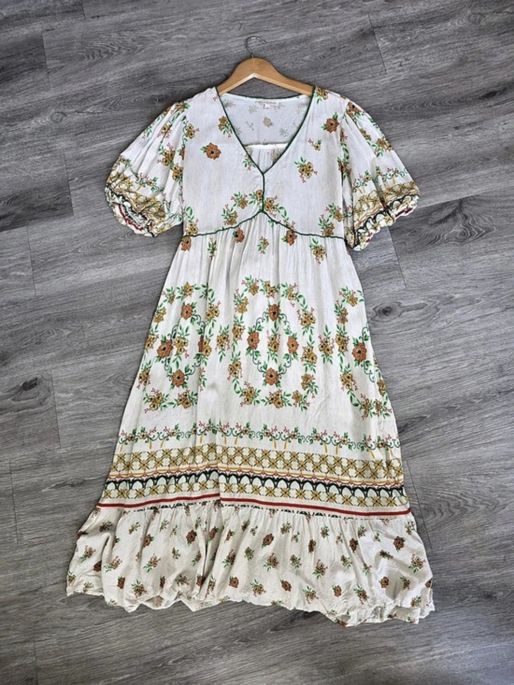 FIG + FLOWER Women Sz Large White Linen Floral Puff Sleeve A-Line Midi Dress L